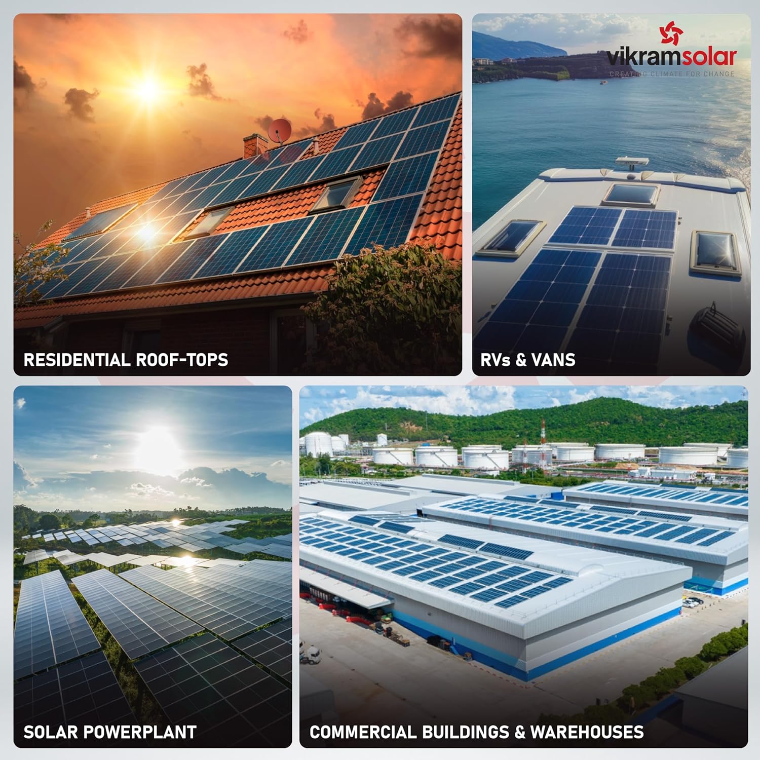 Vikram Solar HYPERSOL applications: rooftops, RVs, powerplants, commercial buildings