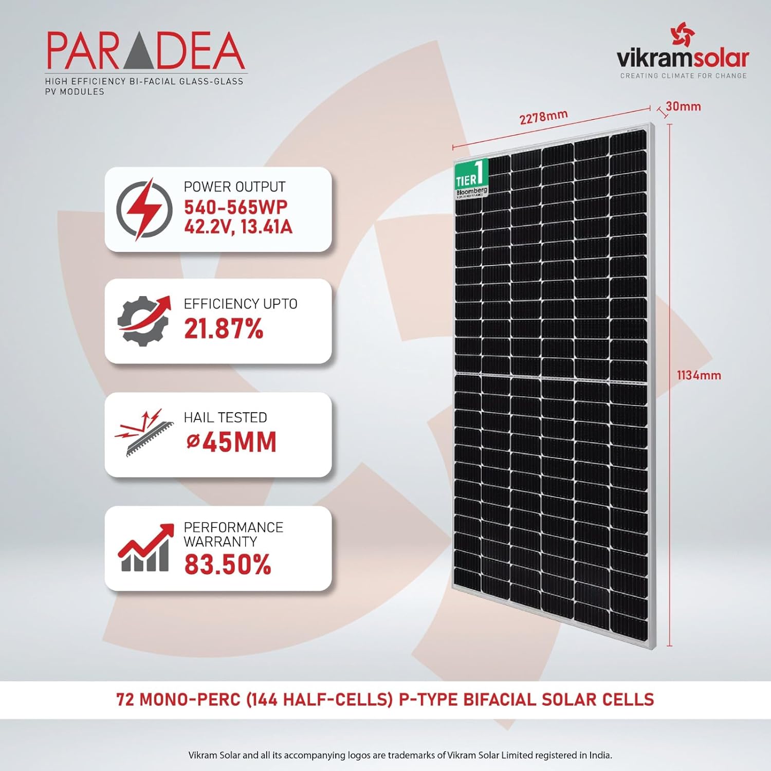 Vikram Solar PARADEA specifications: power output, efficiency, hail rating